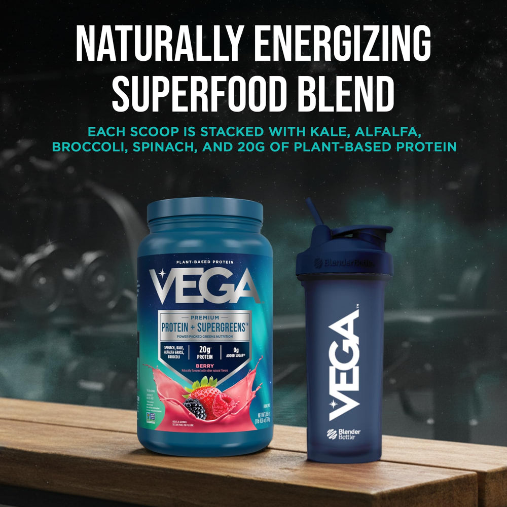 Arrangement of spinach kale broccoli with Vega tub showing greens source