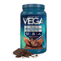 Vega tub front view showing chocolate flavor and benefits