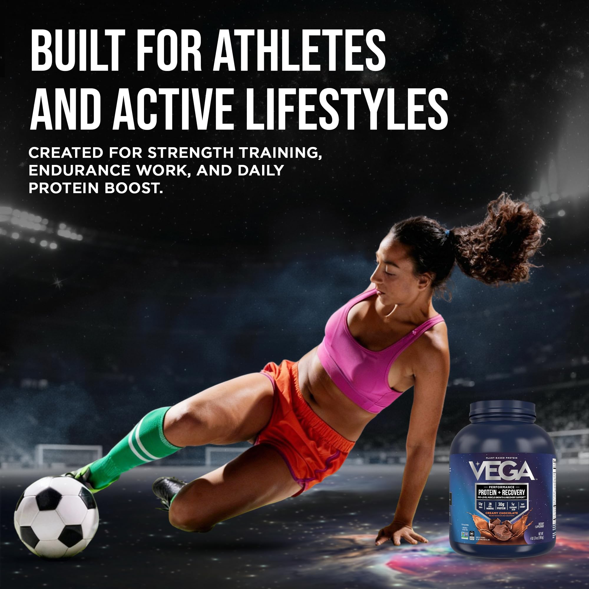 Vega athlete stirring shake implying fast recovery support