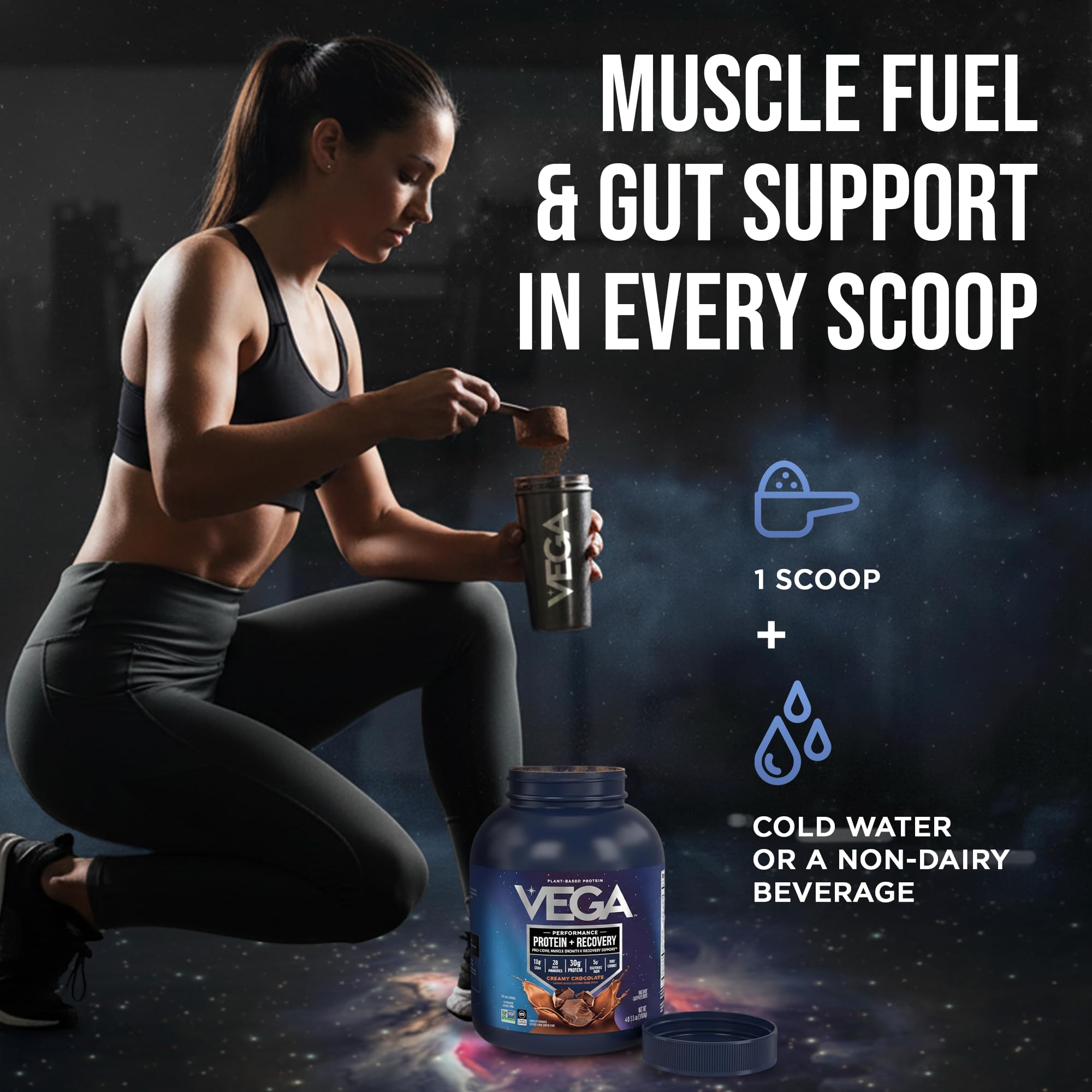 Vega nutrition label close-up displaying protein and probiotic facts