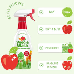 Veggie Wash spray nozzle dispensing cleaner on firm produce for easy use