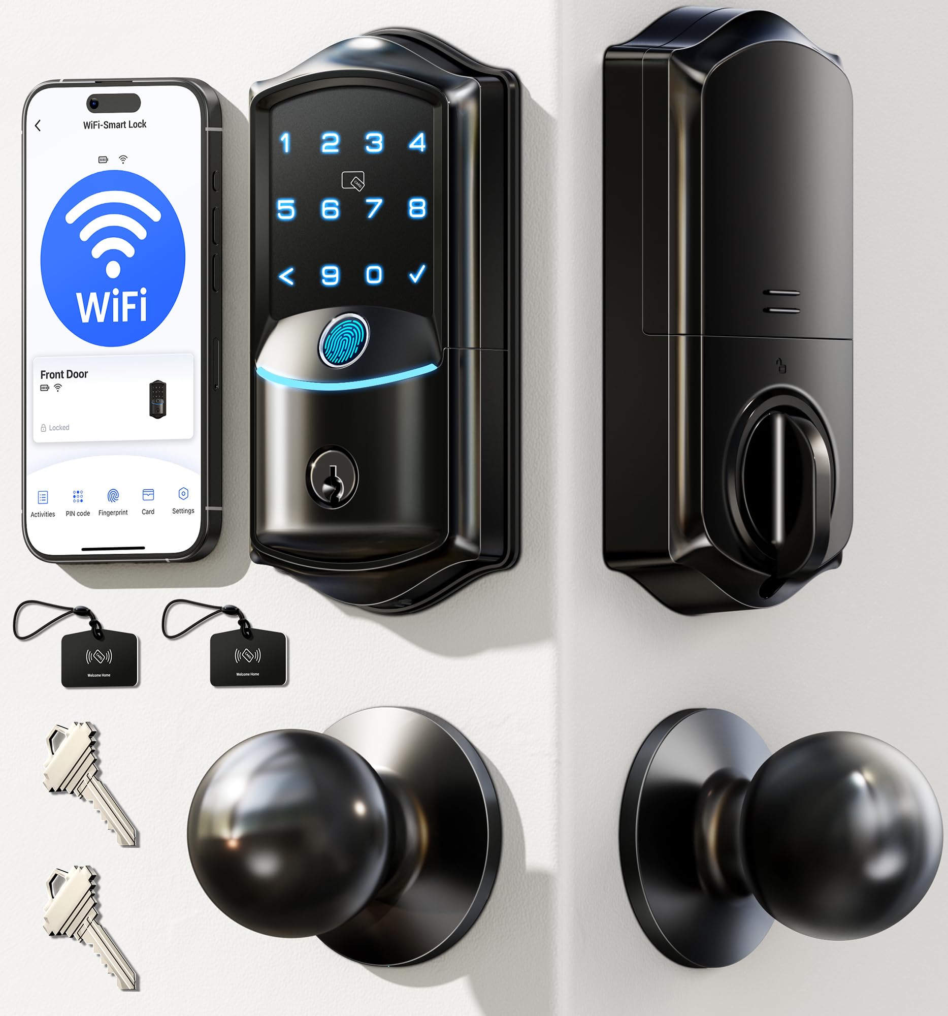 Veise front view matte black deadbolt showing sleek design and curb appeal