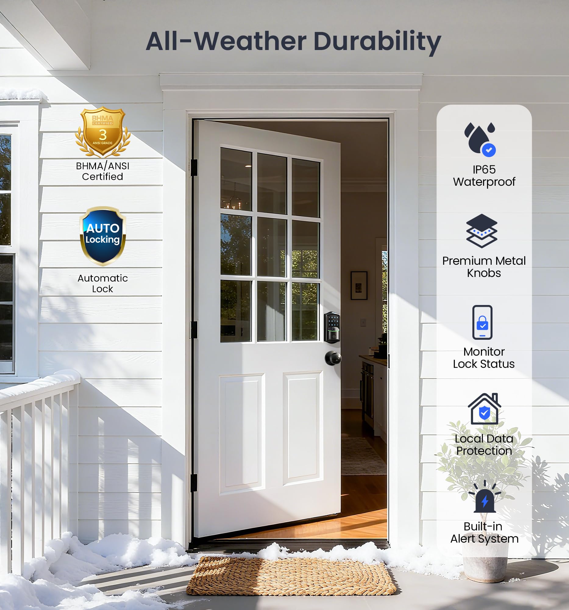 Veise installed on exterior door illustrating weatherproof outdoor use