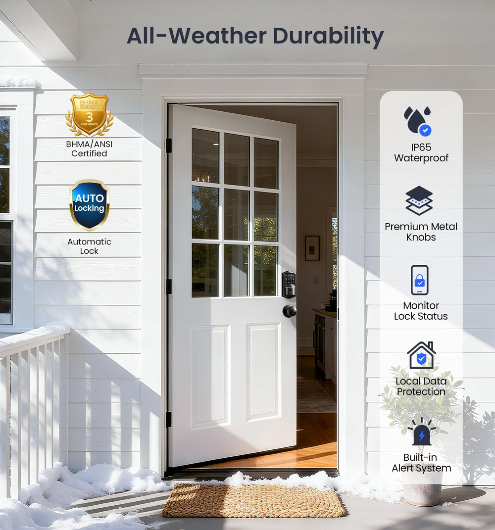 Veise installed on exterior door illustrating weatherproof outdoor use