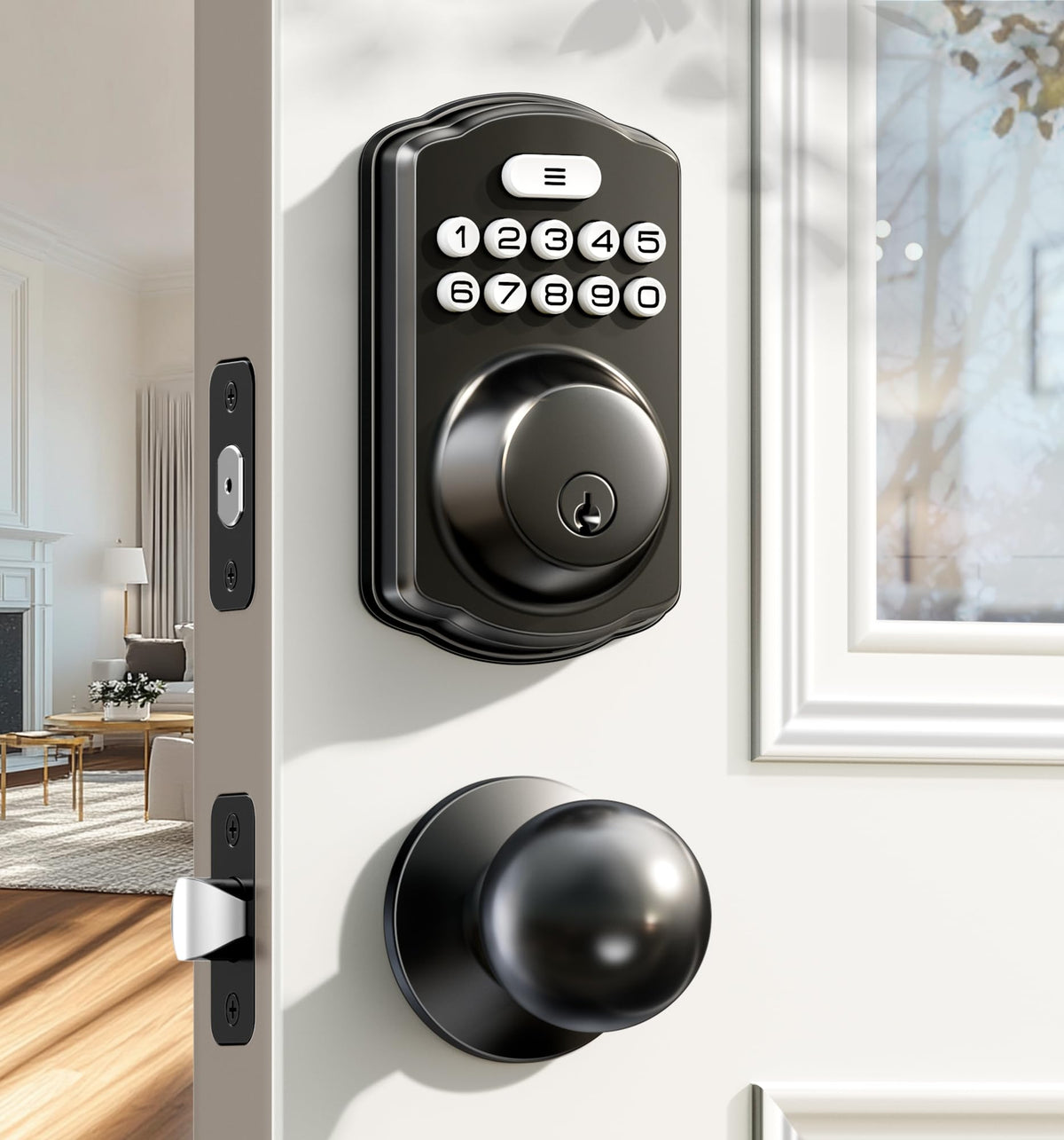 Veise KS01C front view showing matte black finish and keypad, improves curb appeal