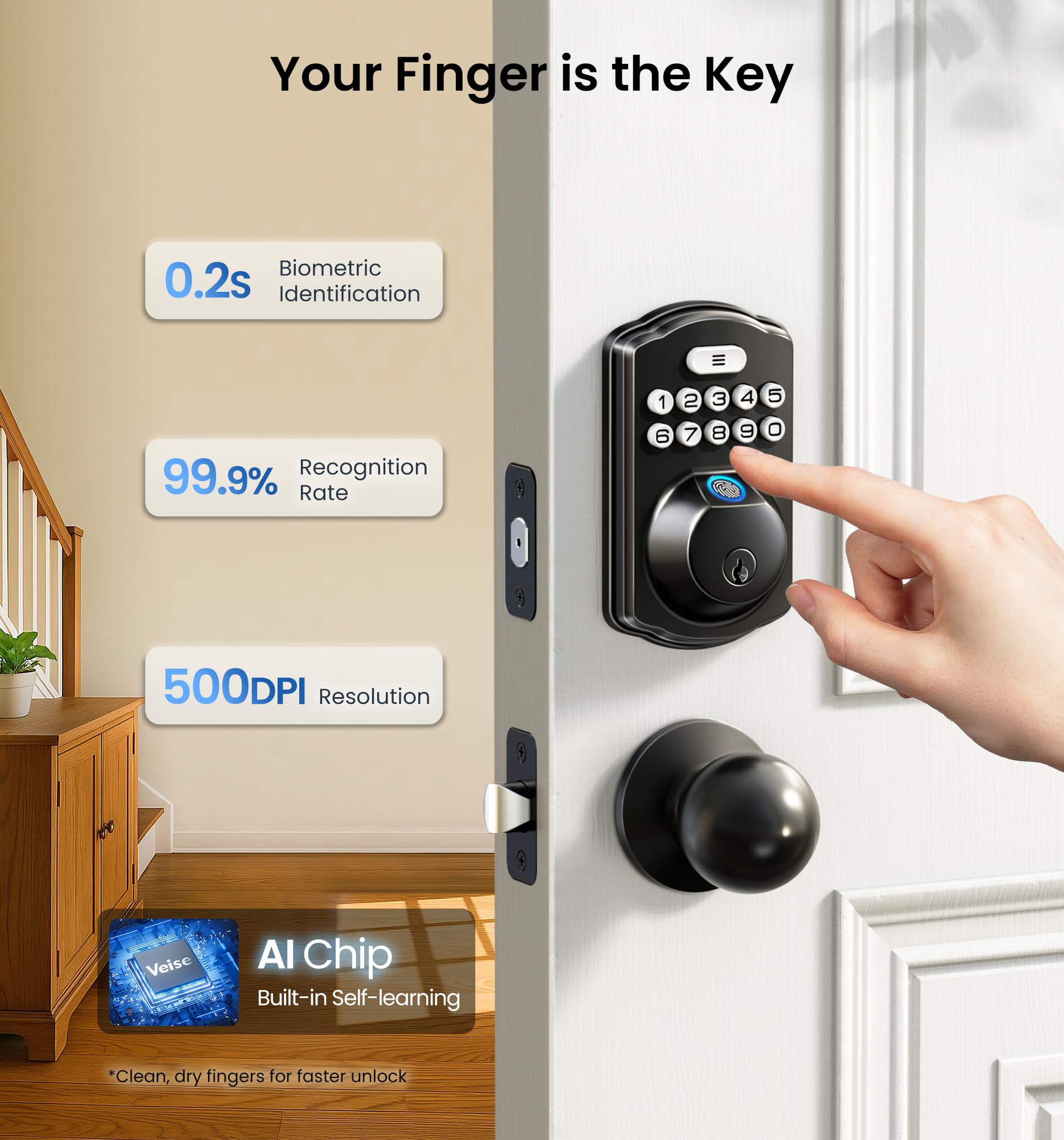 Veise KS02A keypad close-up with illuminated numbers, benefits easy touchscreen PIN input