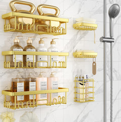 Veken front packaging showing six-piece gold shower caddy set and benefits