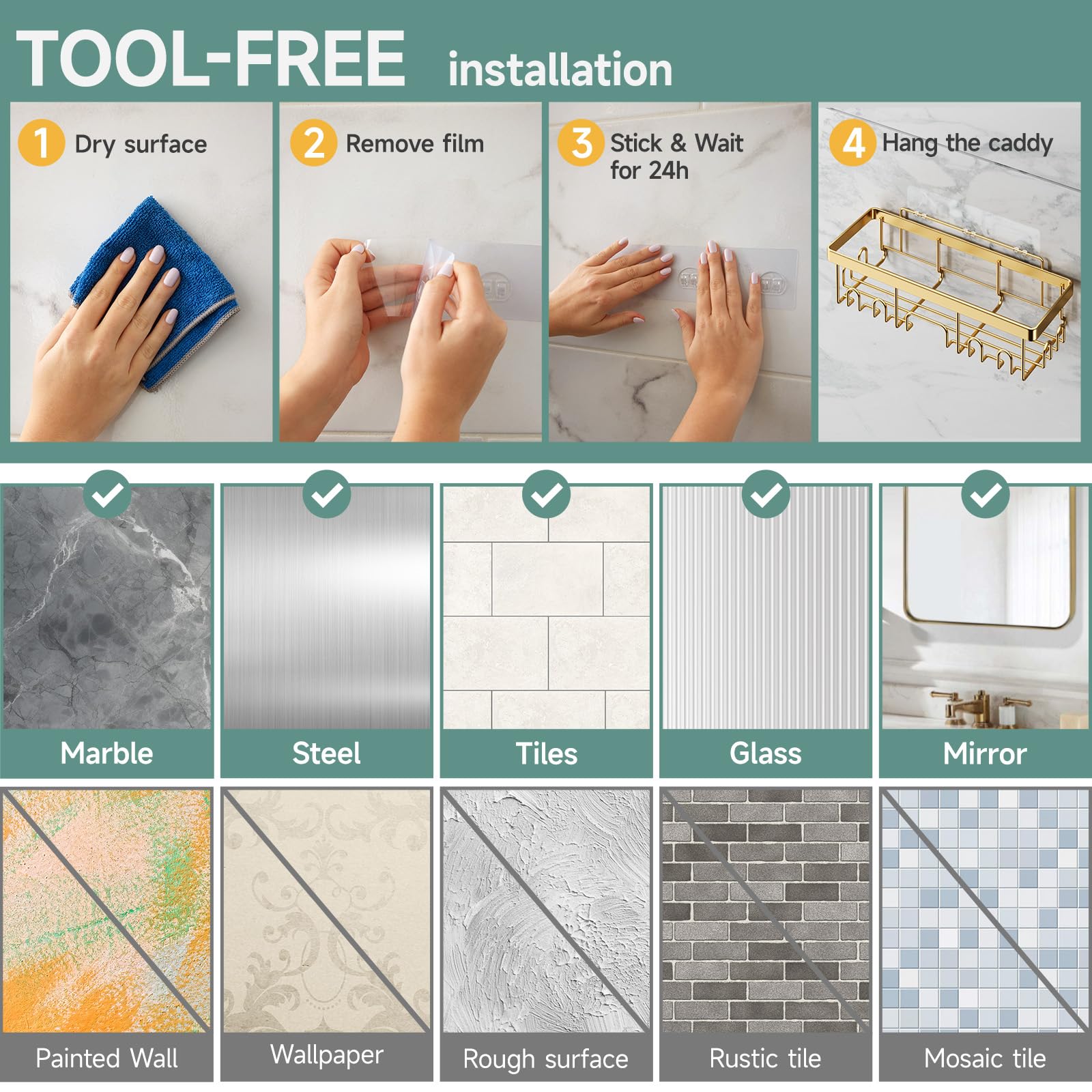 Veken installed in bathroom showing tidy shower, improves organization benefit