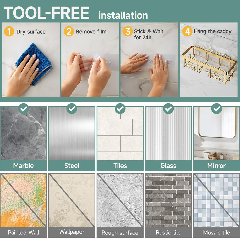 Veken installed in bathroom showing tidy shower, improves organization benefit
