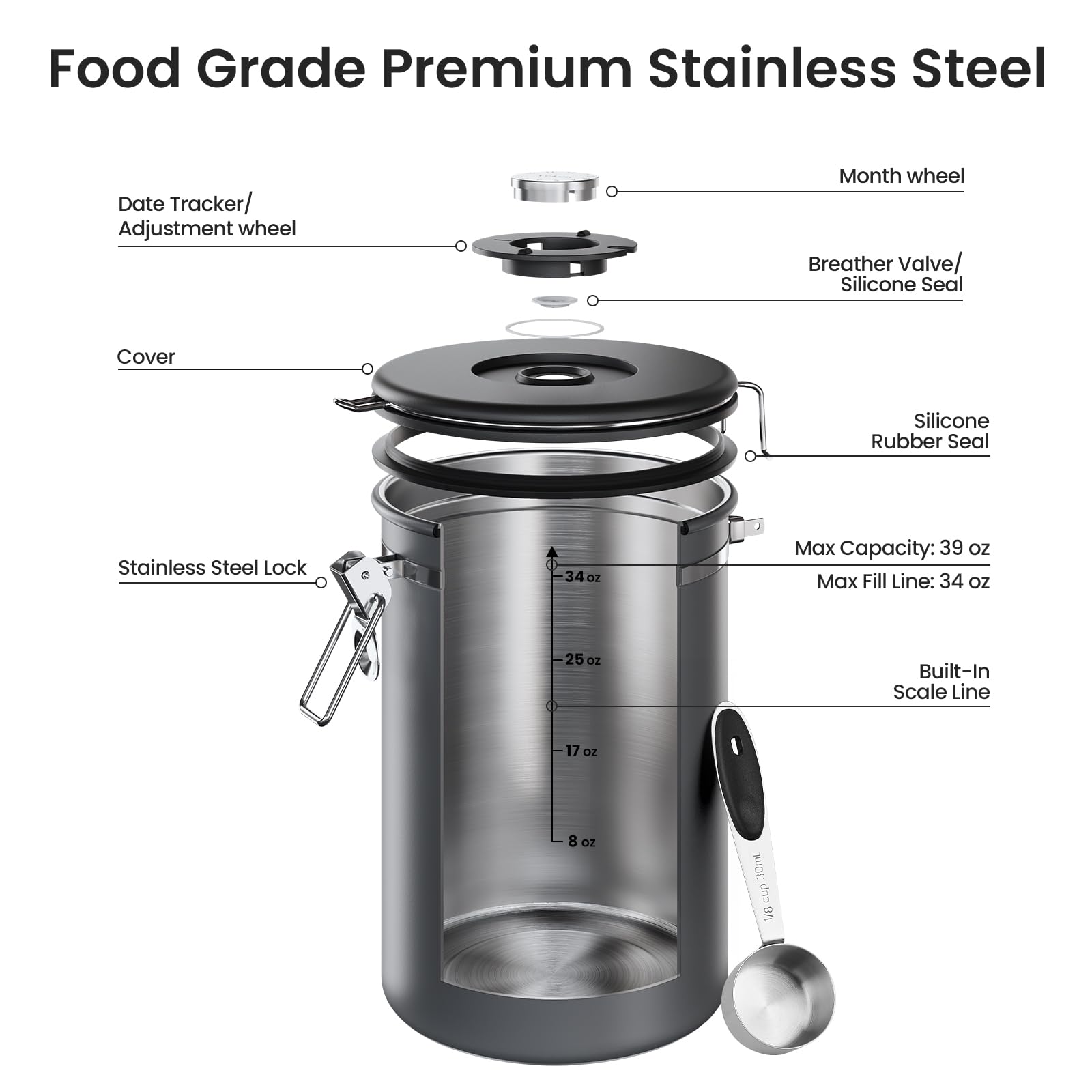 Veken date dial on lid for tracking roast or open dates to manage coffee freshness