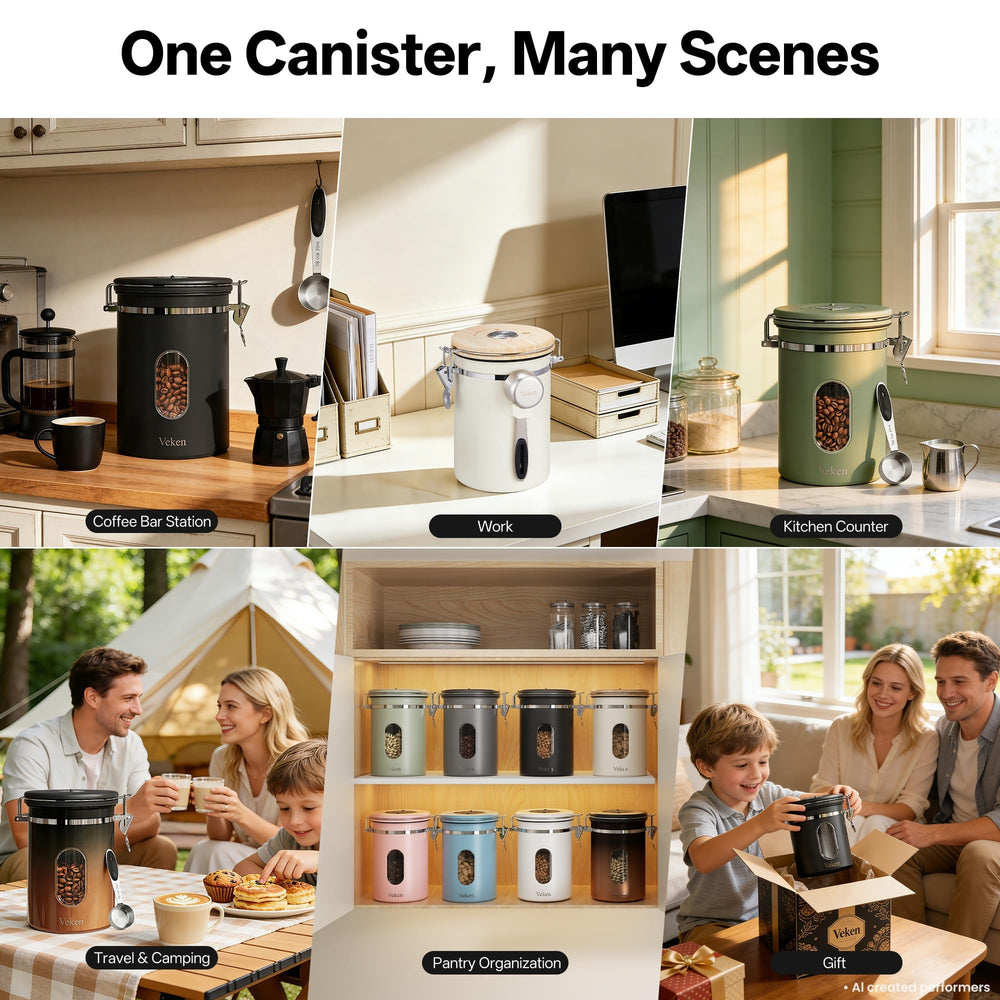 Veken canister styled in kitchen setting highlighting organized coffee setup