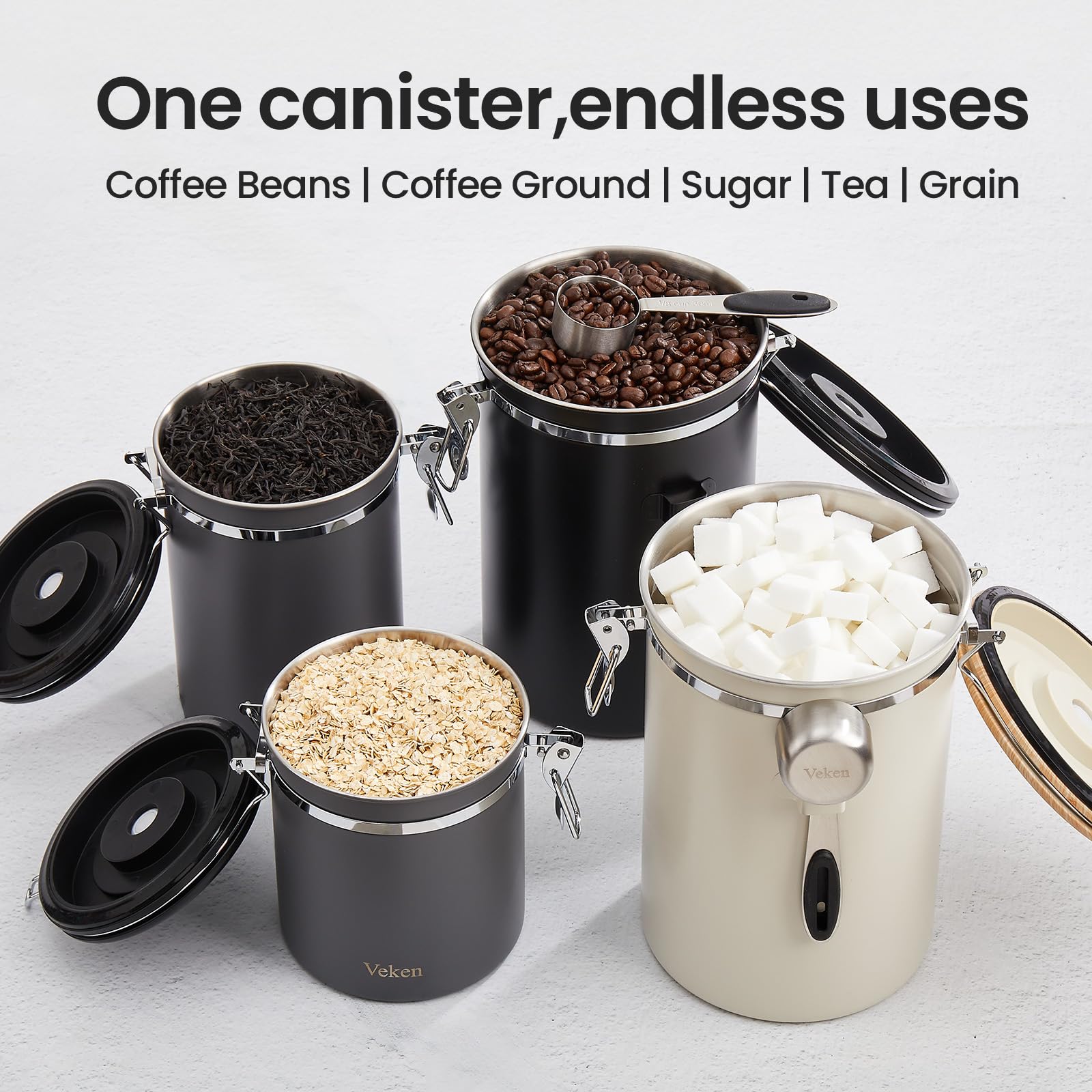 Veken canister on a kitchen counter in a lifestyle scene conveying organized, stylish storage