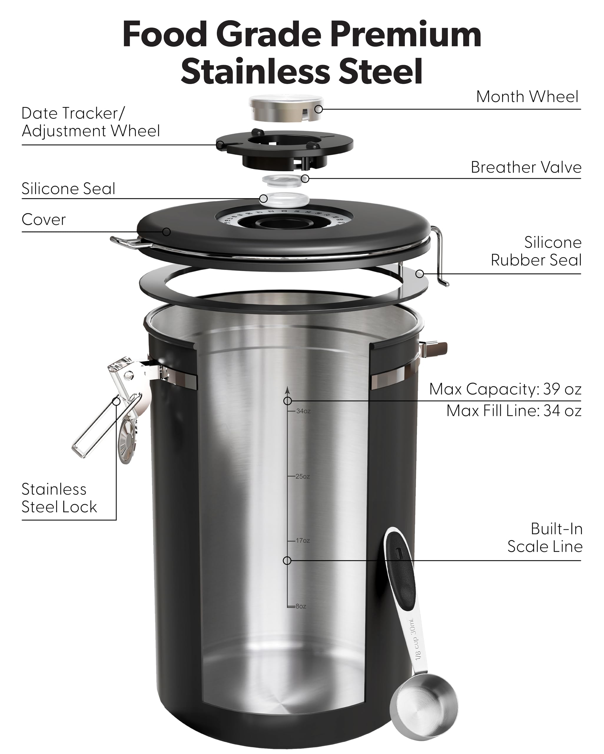 Veken open canister filled with coffee beans showing capacity and protection