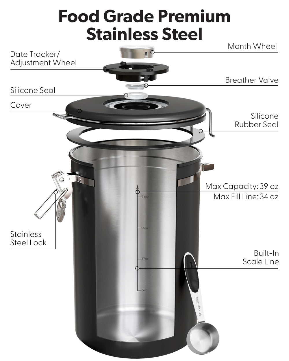 Veken open canister filled with coffee beans showing capacity and protection