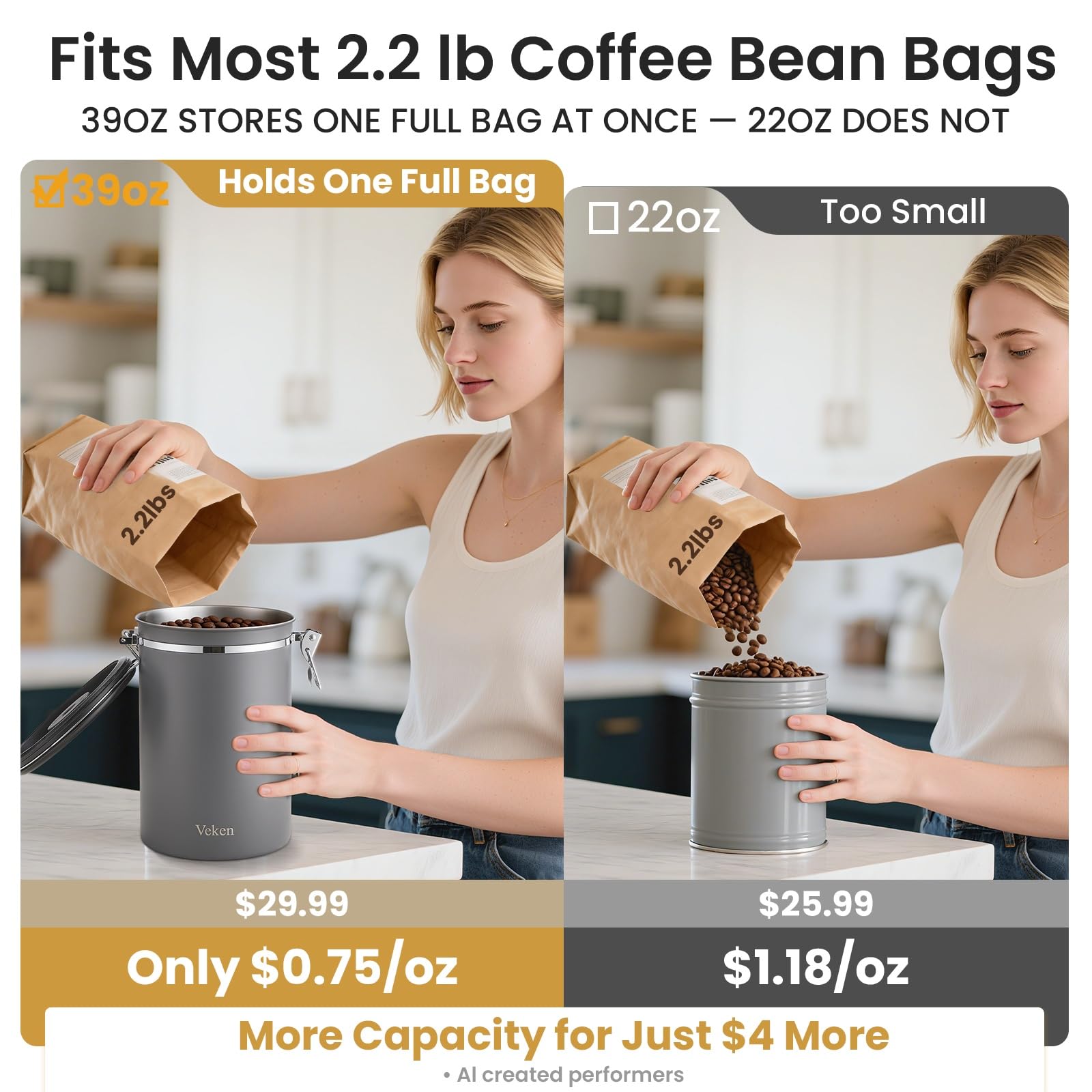 Veken scoop hanging inside canister for easy measuring and tidy daily coffee preparation