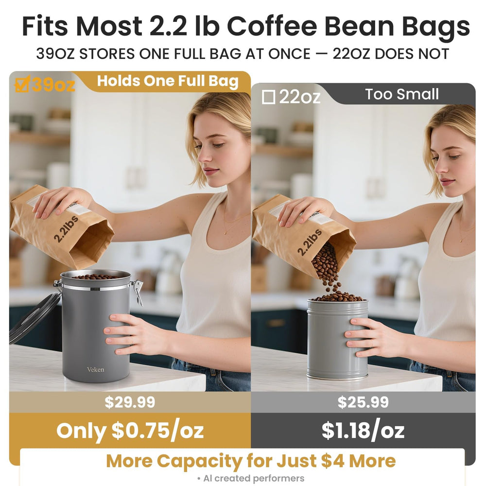 Veken scoop hanging inside canister for easy measuring and tidy daily coffee preparation