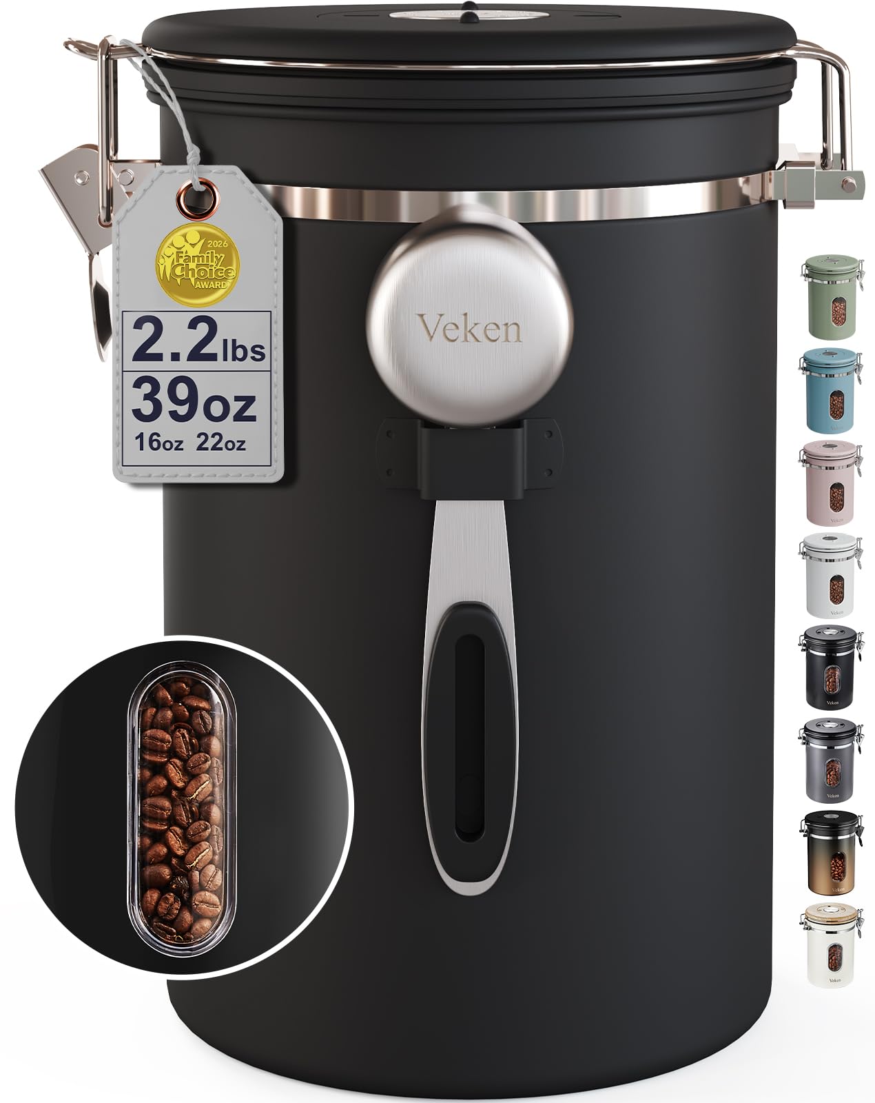 Veken front view of stainless steel canister showing sleek finish and capacity benefit