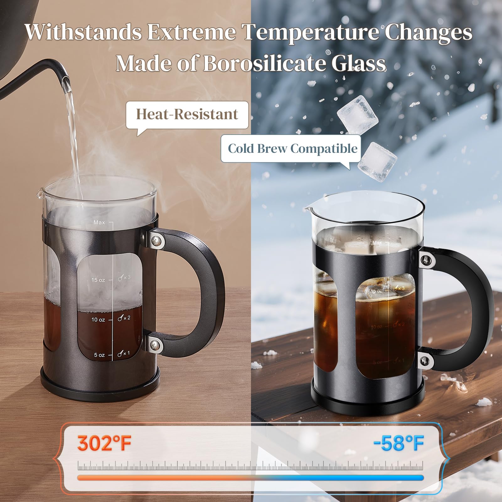 Veken French press next to a mug to show 21oz scale and convenient single-serve size