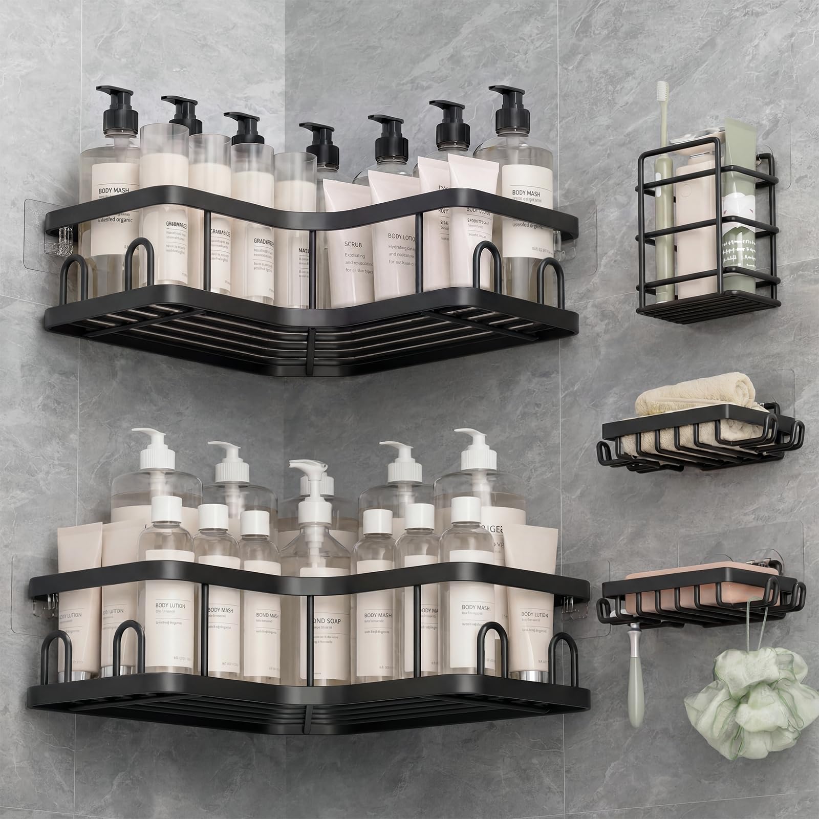 Veken front view showing full L-shaped shelf organizing bottles
