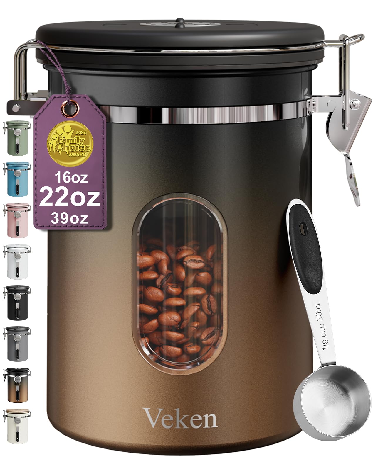 Veken front view canister showing sleek copper finish and compact benefit