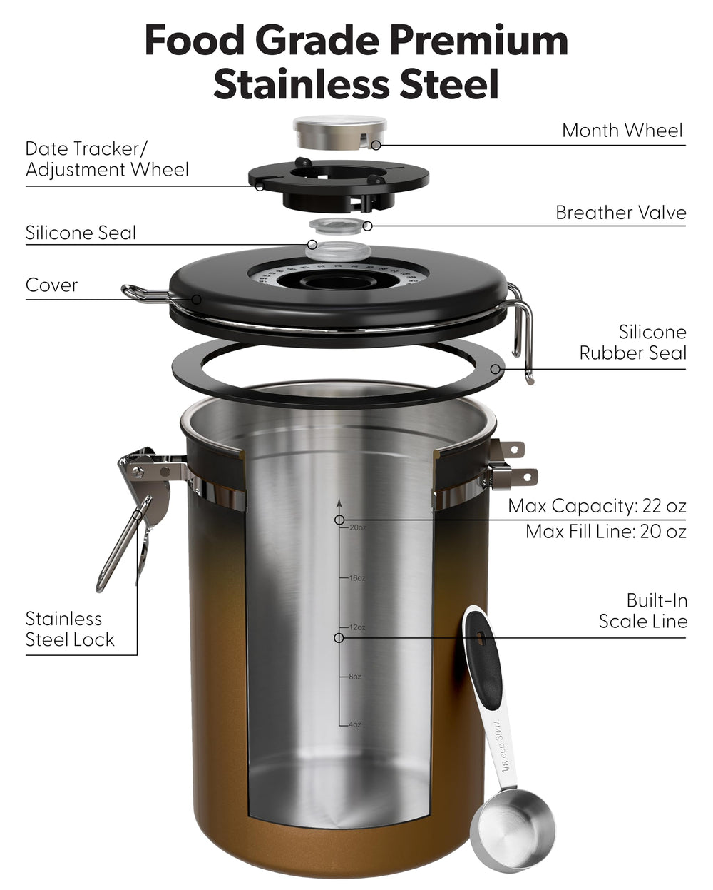 Veken open canister with beans emphasizing safe, odor-free storage