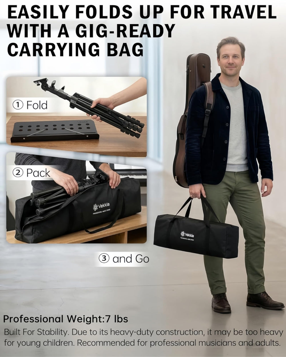 Vekkia height extended assembly demonstrating adjustable range and ergonomic setup