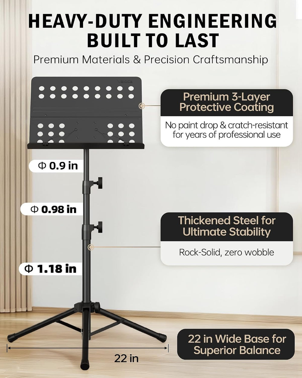 Vekkia tripod base highlighting stable support and anti-tip performance