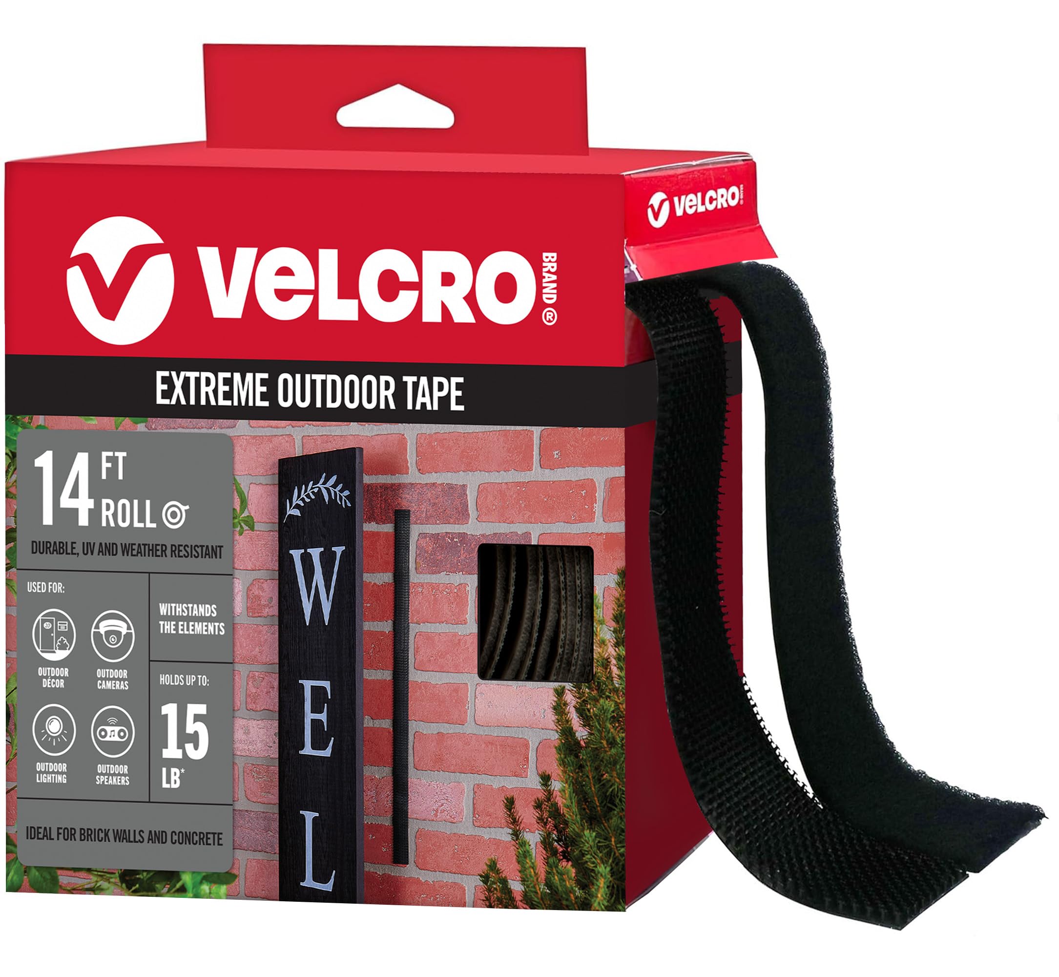 VELCRO Brand roll showing full 14 ft tape for heavy-duty outdoor mounting