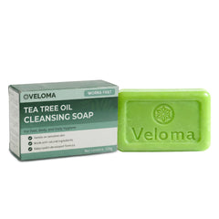 Veloma front packaging showing tea tree oil bar and clear benefit of deep cleansing