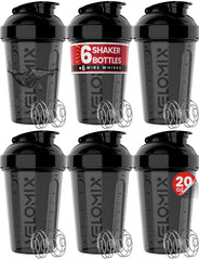 VELOMIX front view of six all-black shaker bottles showing uniform matte finish and convenience