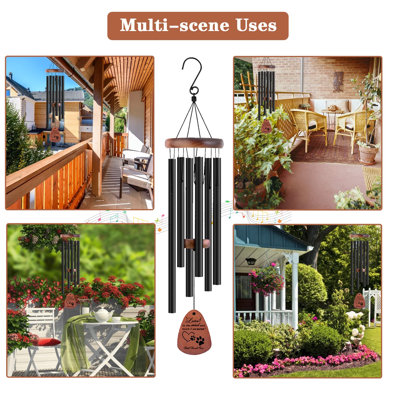 VENBEEL chime hung on a porch rail in sunlight, creates calming outdoor memorial sounds