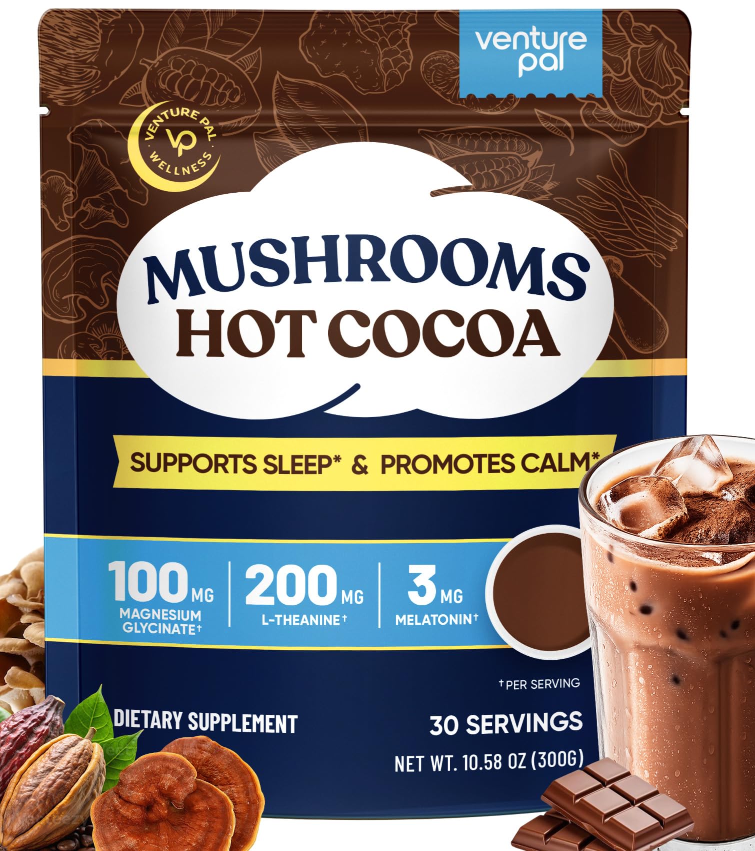 Venture Pal front packaging showing mushroom cocoa flavor and calming benefit