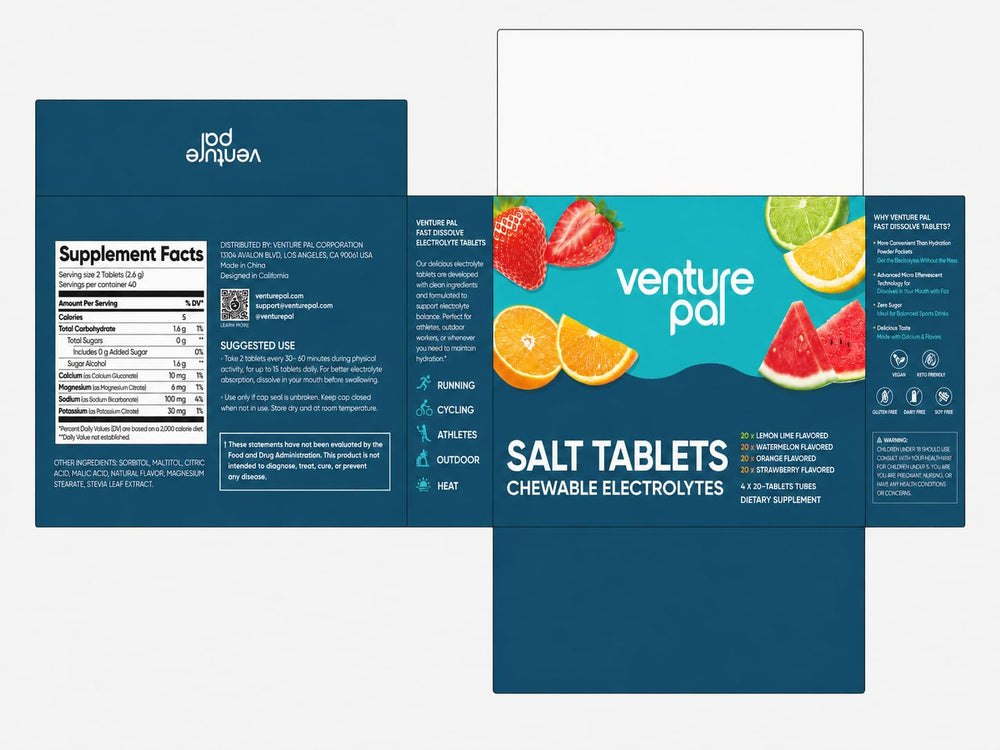 Venture Pal tablets on hiking trail next to water bottle, outdoor hydration aid