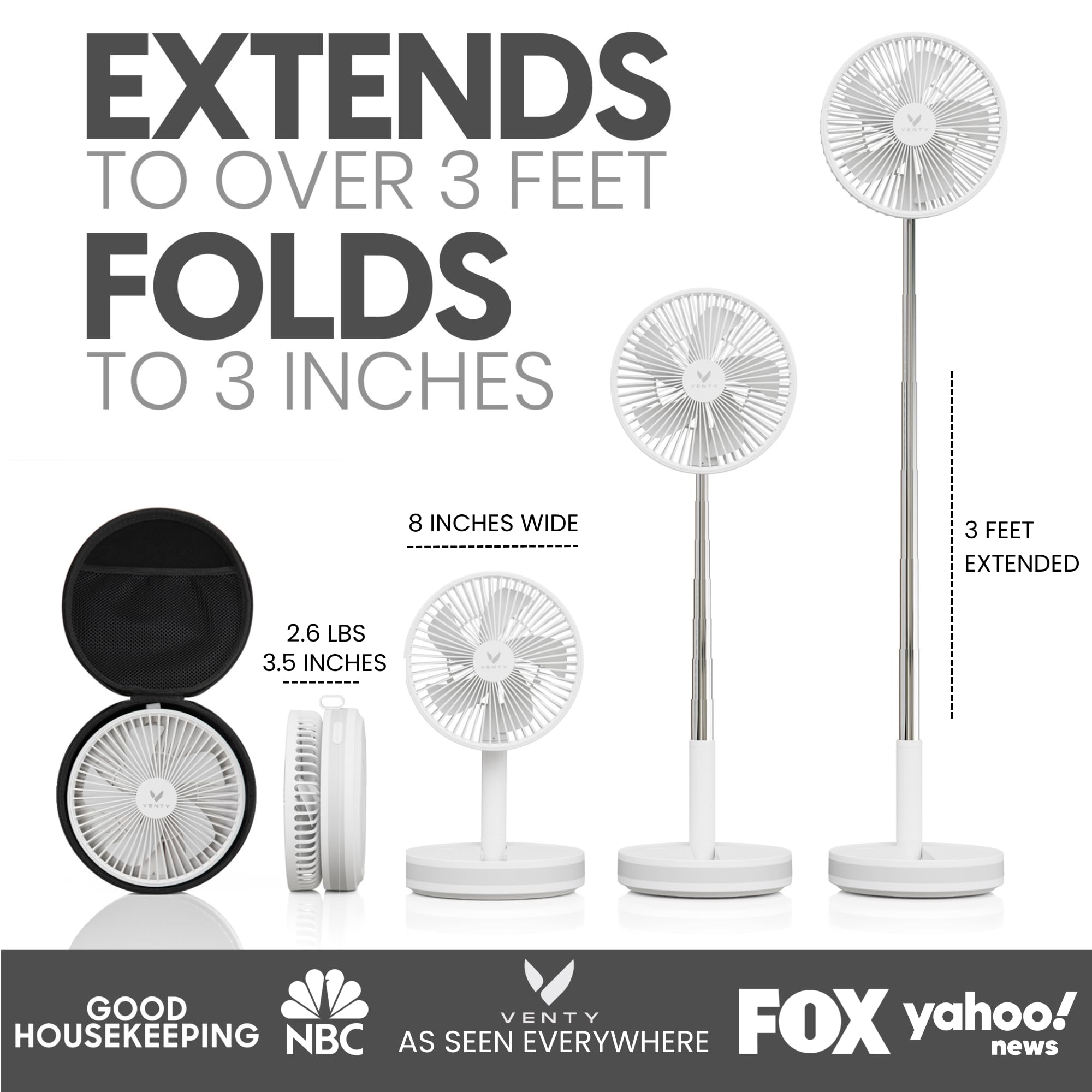 VENTY folded compact fan beside case highlighting travel convenience