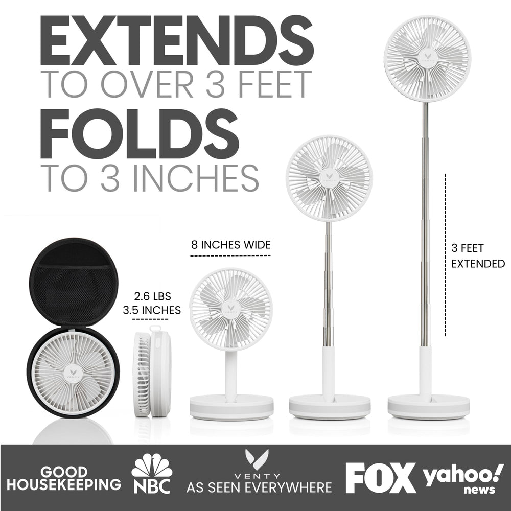 VENTY folded compact fan beside case highlighting travel convenience