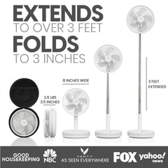VENTY folded compact fan beside case highlighting travel convenience