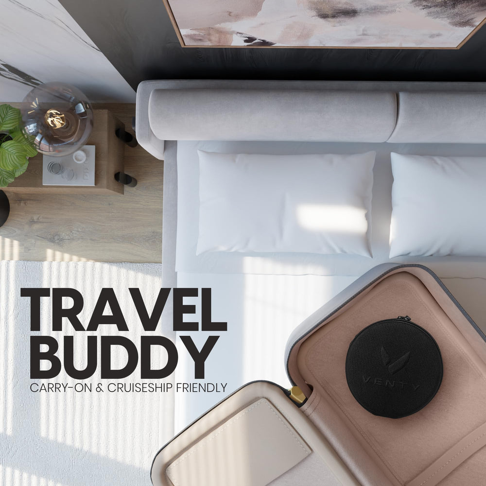 VENTY travel lifestyle on beach demonstrating portable cooling benefit