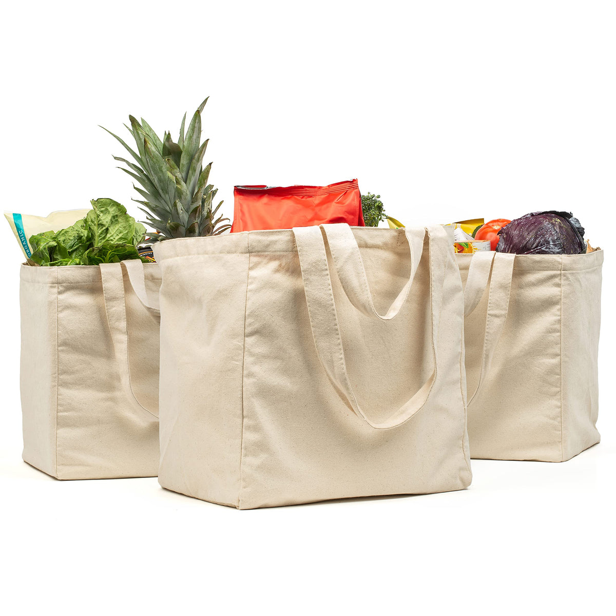 VeraMia front view of three canvas bags showing size and set benefit