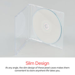 Verbatim slim jewel case open with disc inside showing secure seating and scratch protection