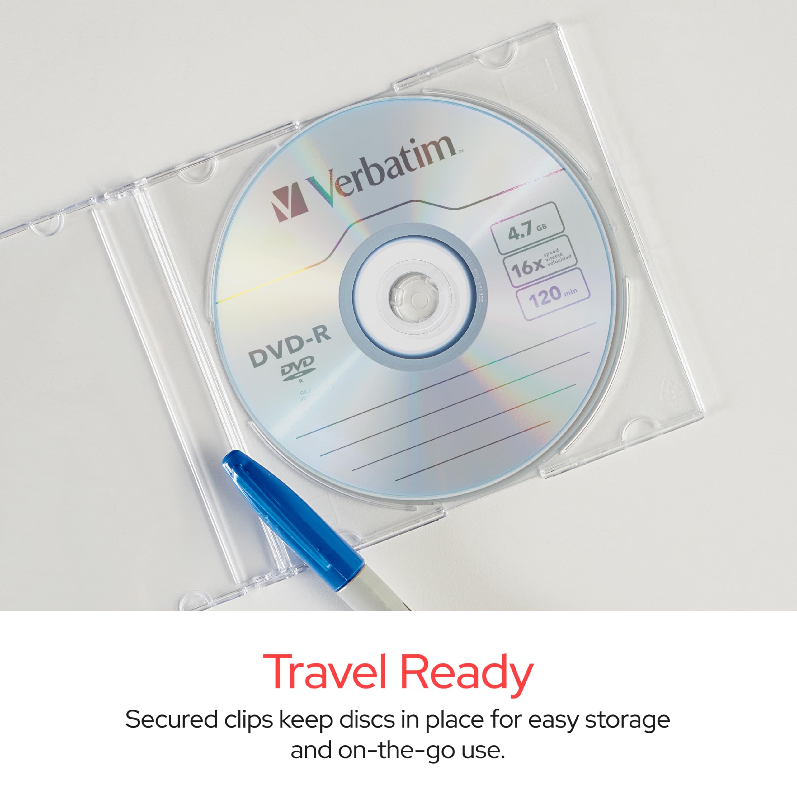 Verbatim slim jewel case side profile emphasizing 5.2mm thin design and compact storage benefit