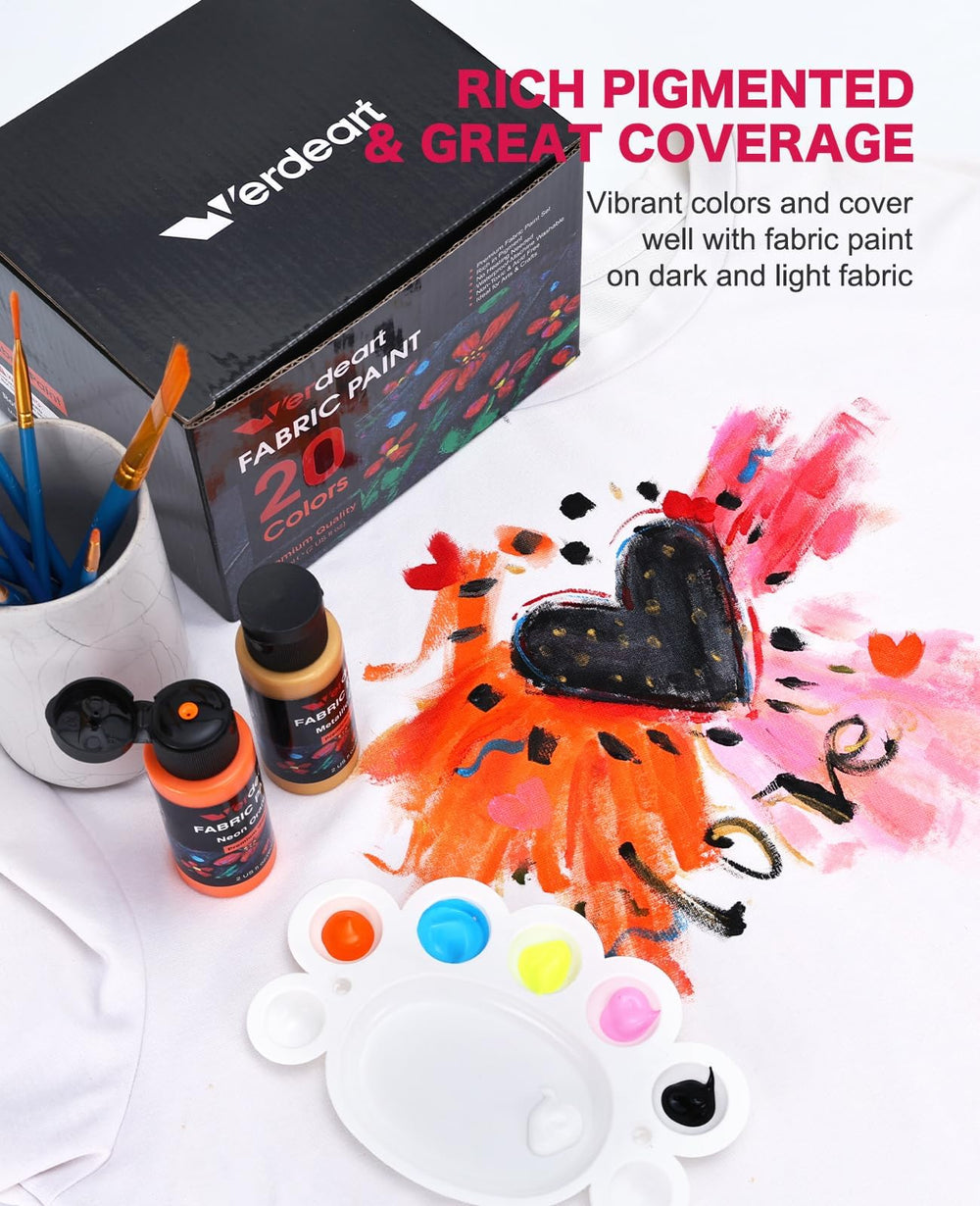 lifestyle shot of a painted t-shirt made with Verdeart paints, demonstrating wearable, washable results