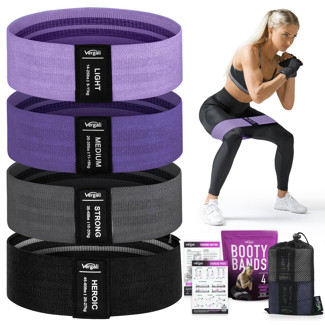 Vergali front packaging showing four fabric resistance bands and case, promotes portability
