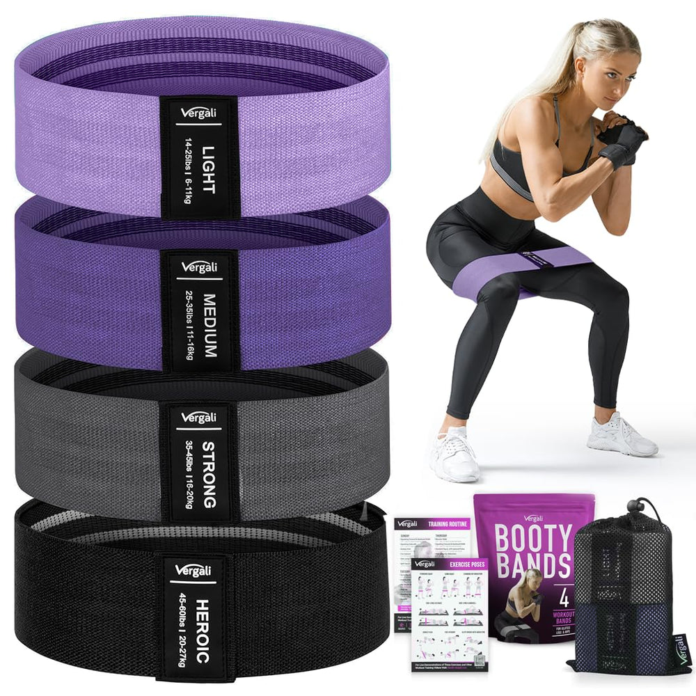 Vergali front packaging showing four fabric resistance bands and case, promotes portability