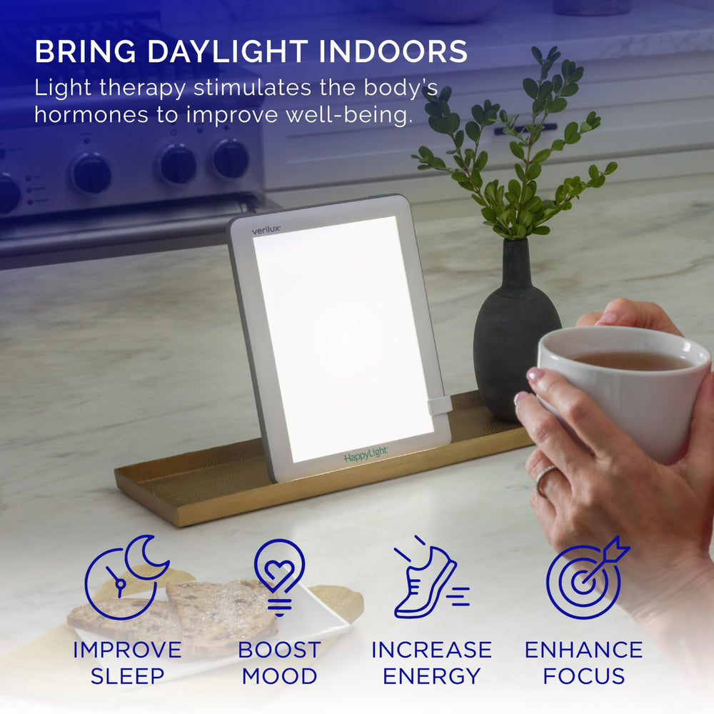 Verilux HappyLight Lucent detachable stand displayed and adjusted for angled positioning benefit