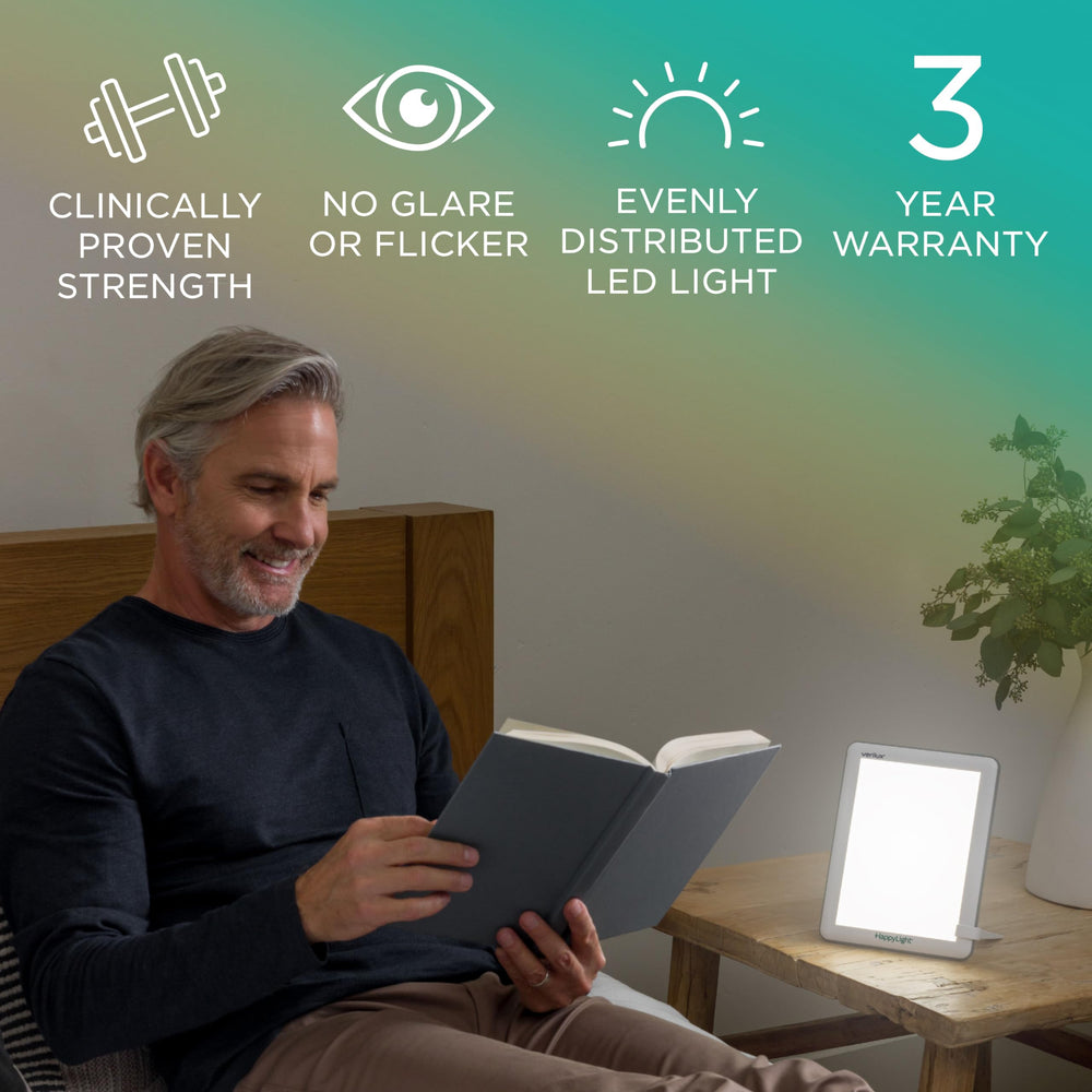 Verilux HappyLight Lucent in use on a desk providing focused bright white light to boost alertness