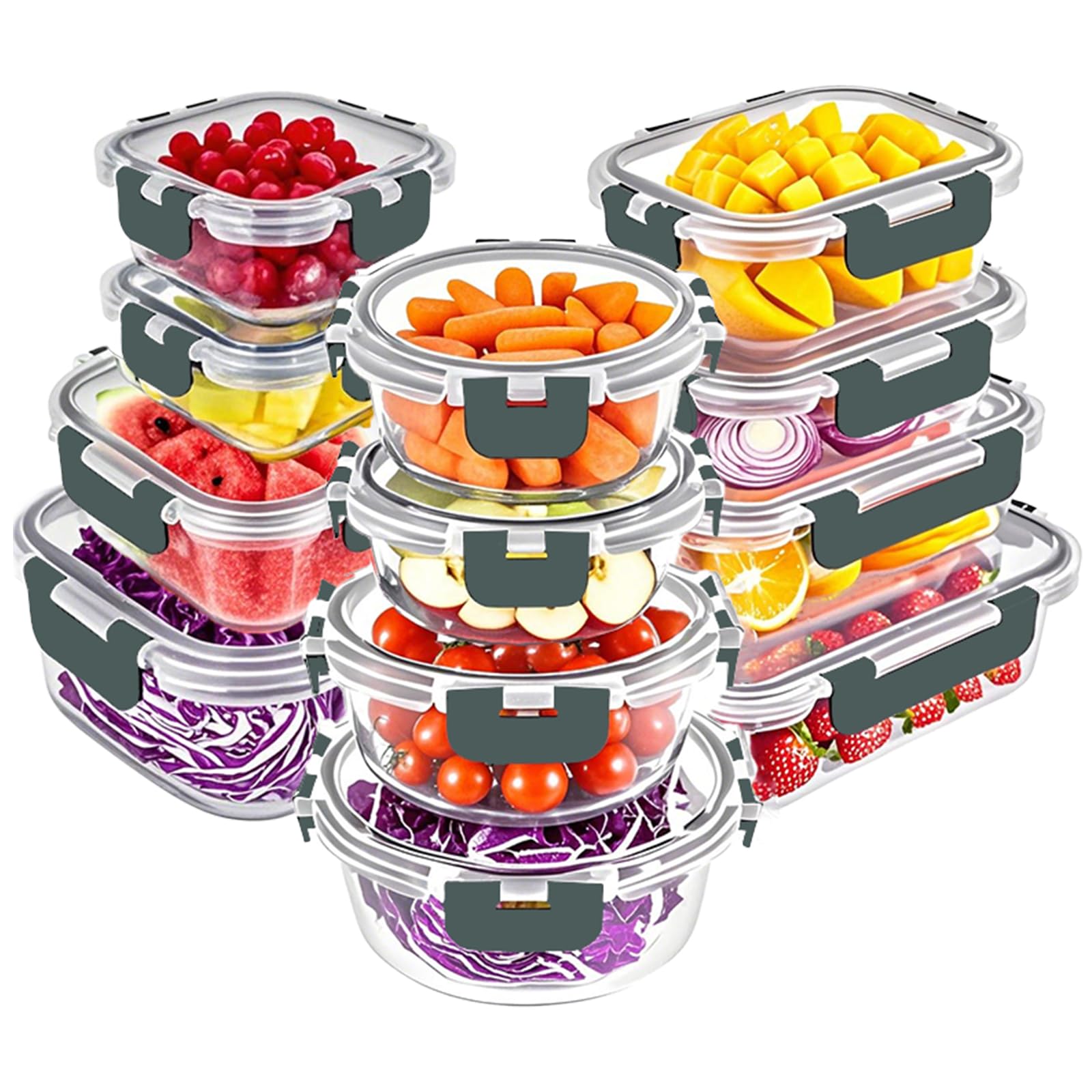 VERONES front view of 12-pack glass containers showing lids and organized set benefit