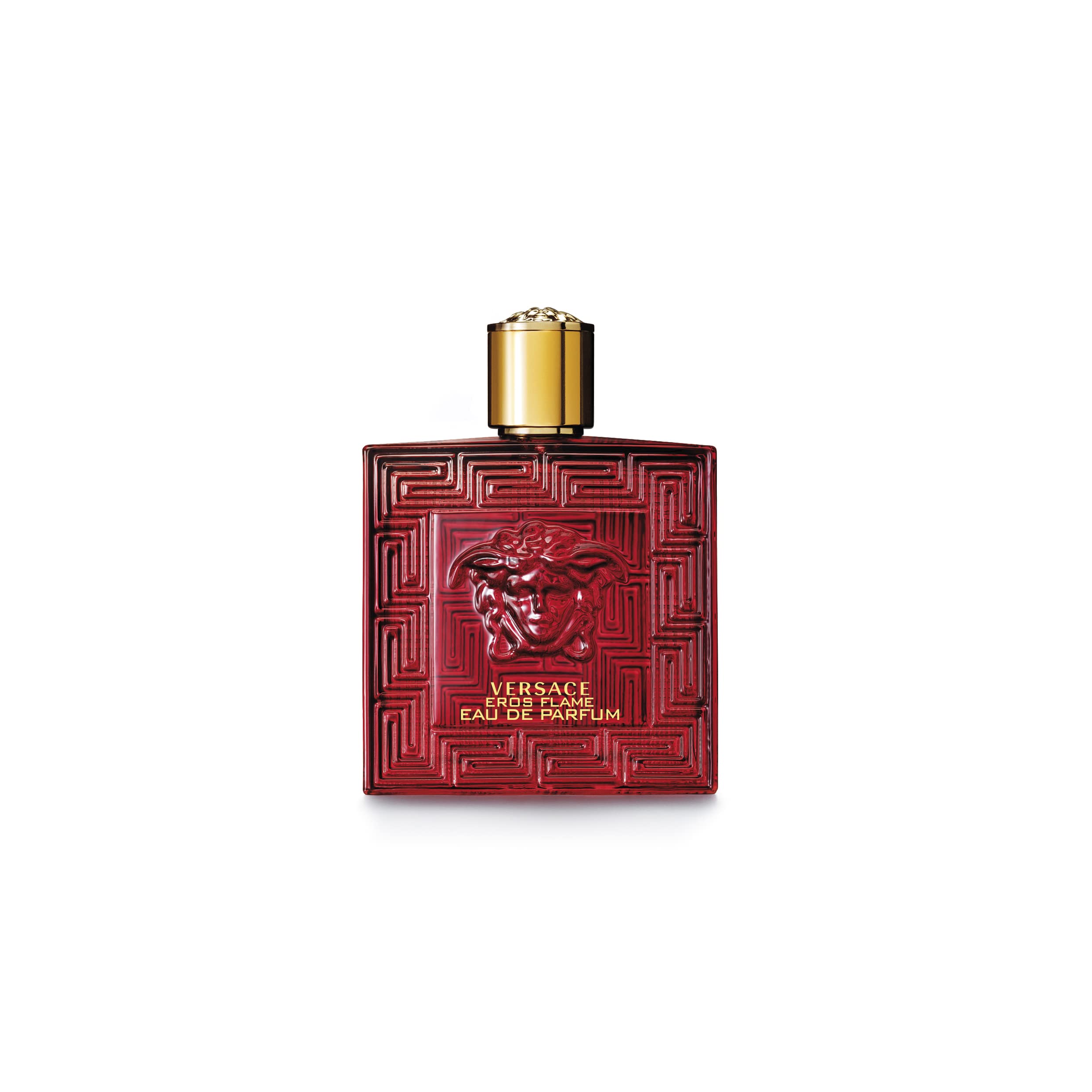 Versace Eros Flame close-up of cap and embossed logo highlighting luxury detail