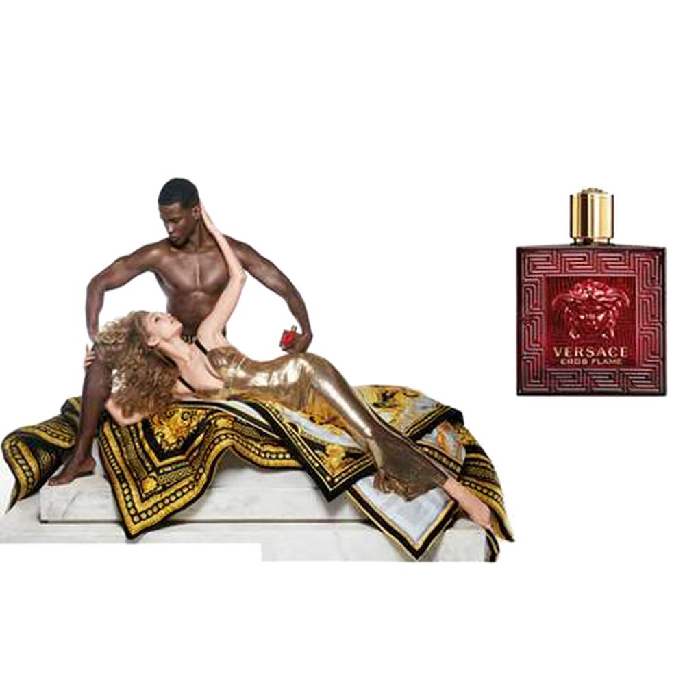 Versace Eros Flame next to ruler showing 100ml bottle size and travel planning benefit