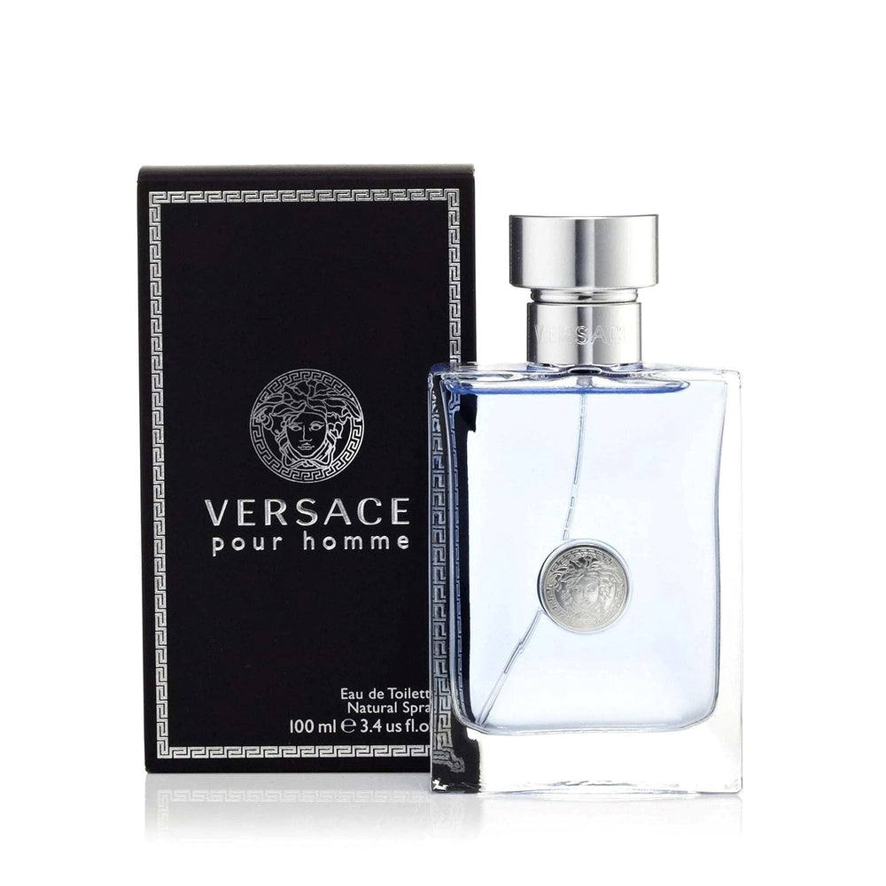 Versace Pour Homme atomizer mid-spray demonstrating even application and controlled diffusion