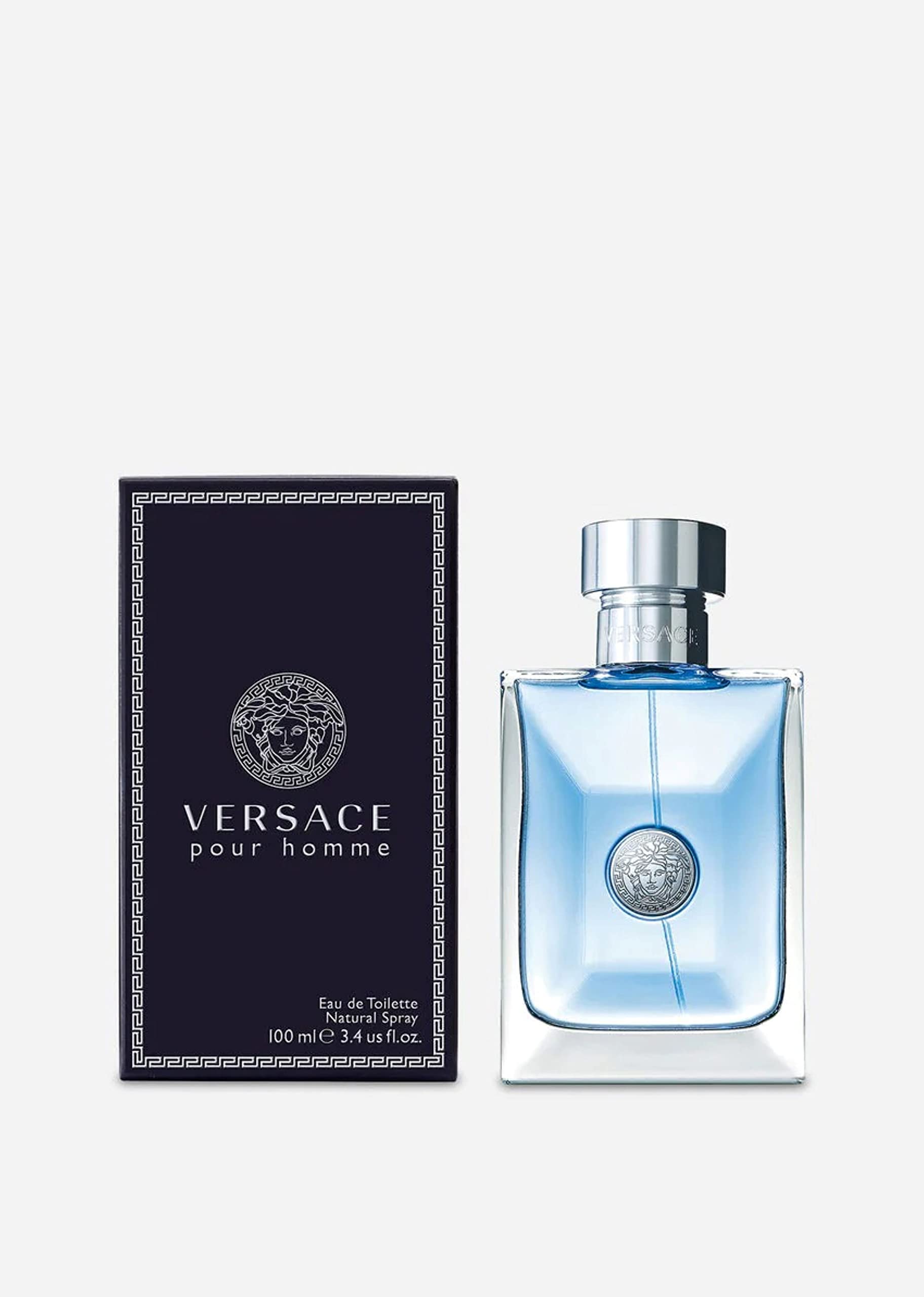 Versace Pour Homme size comparison with watch highlighting 3.4 oz scale and travel practicality